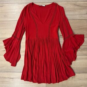 Catch stitch Rust Boho Bohemian Bell Sleeve Mini‎ Dress S Small romantic Women’s